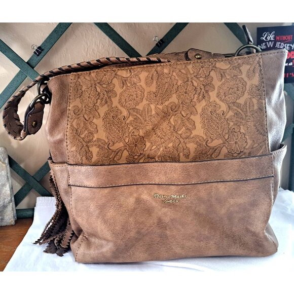 Darcy Marks London Tooled Floral Light Brown Large Leather Handbag Tote Bag - Picture 1 of 15